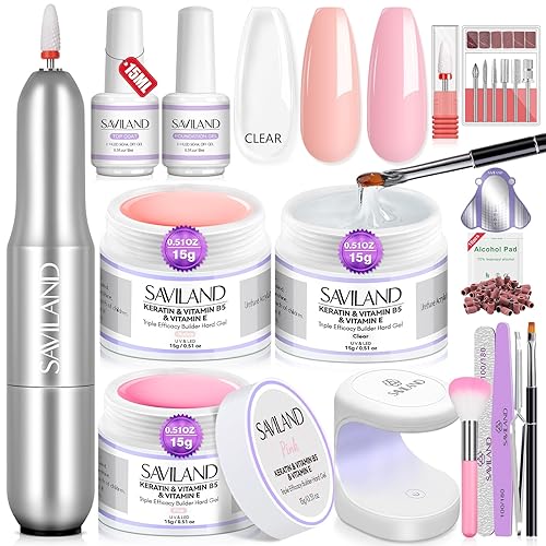 SAVILAND Builder - Juego de gel de uñas con taladro de uñas, 3 piezas de gel duro (VE&VB5 y Kerain), gel de uñas transparente rosa con lámpara,