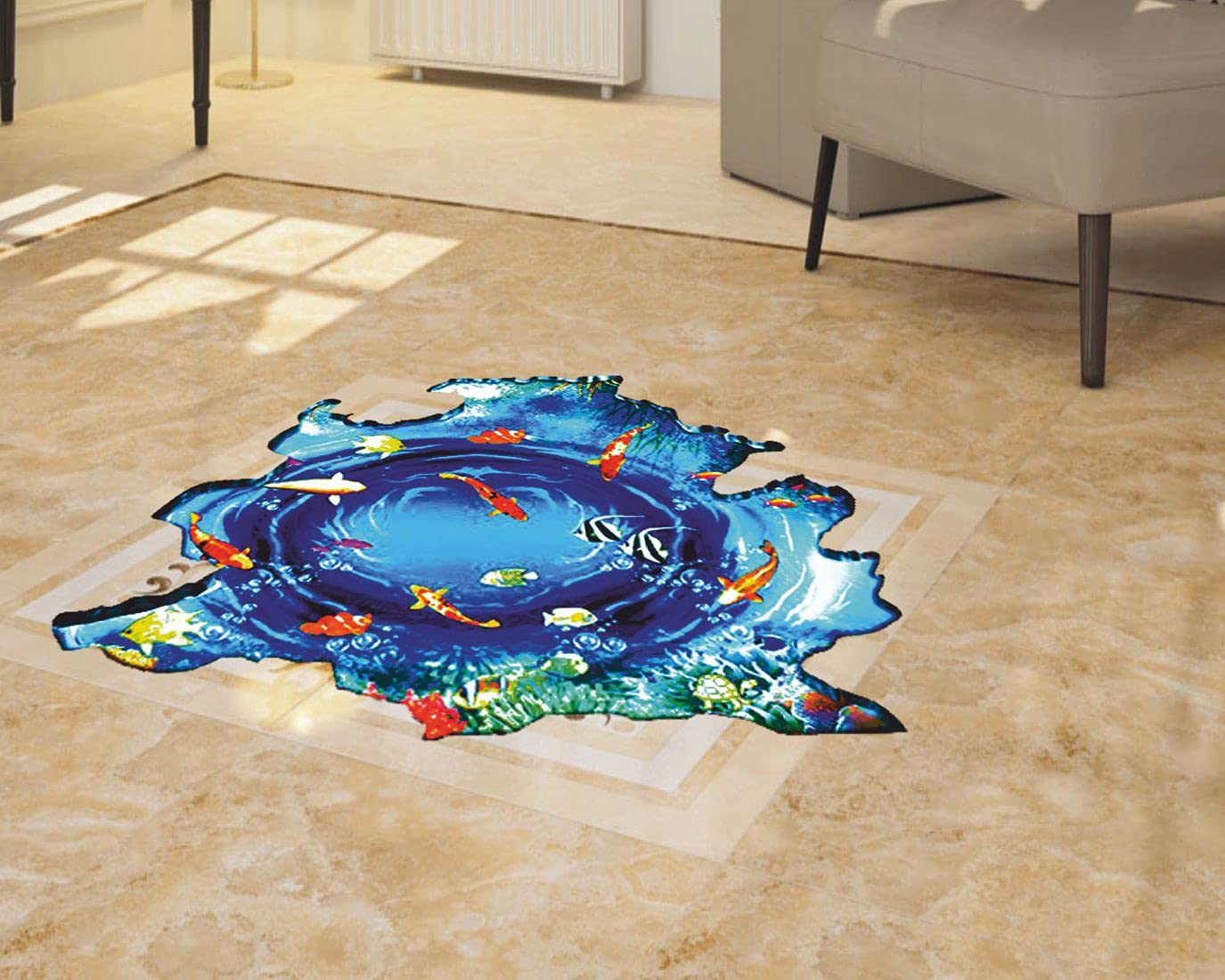 Small Fish Swiming in Water sea Level 'Floor Sticker' Medium Self Adhesive, Waterproof, 3D, Just Peel and Stick.