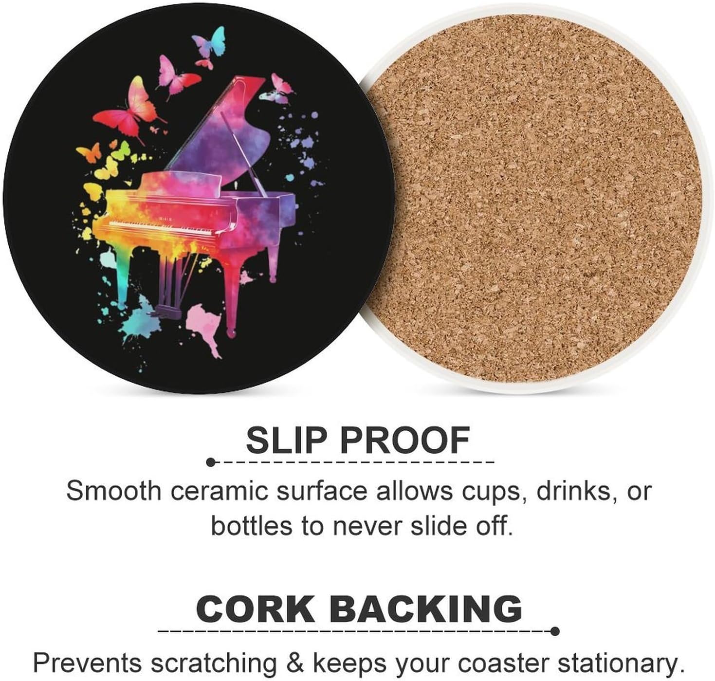Colorful Piano with Butterflies Round Ceramic Coasters Print Drinks Absorbent with Cork Base for Home Decor Gifts 4 Inch