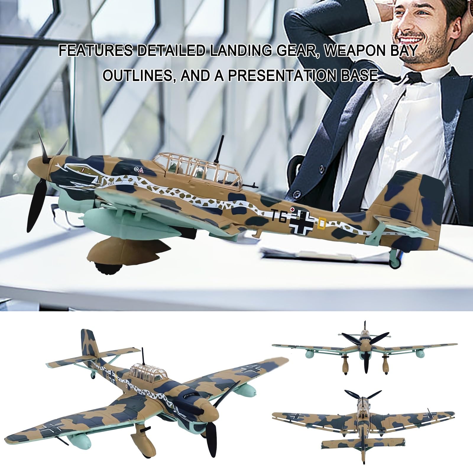 Modello aereo combattimento lega metallo pressofuso JU87 scala 1:72, pronto for essere esposto con ruote dell'elica rotanti, regalo da collezione con supporto for appassionati