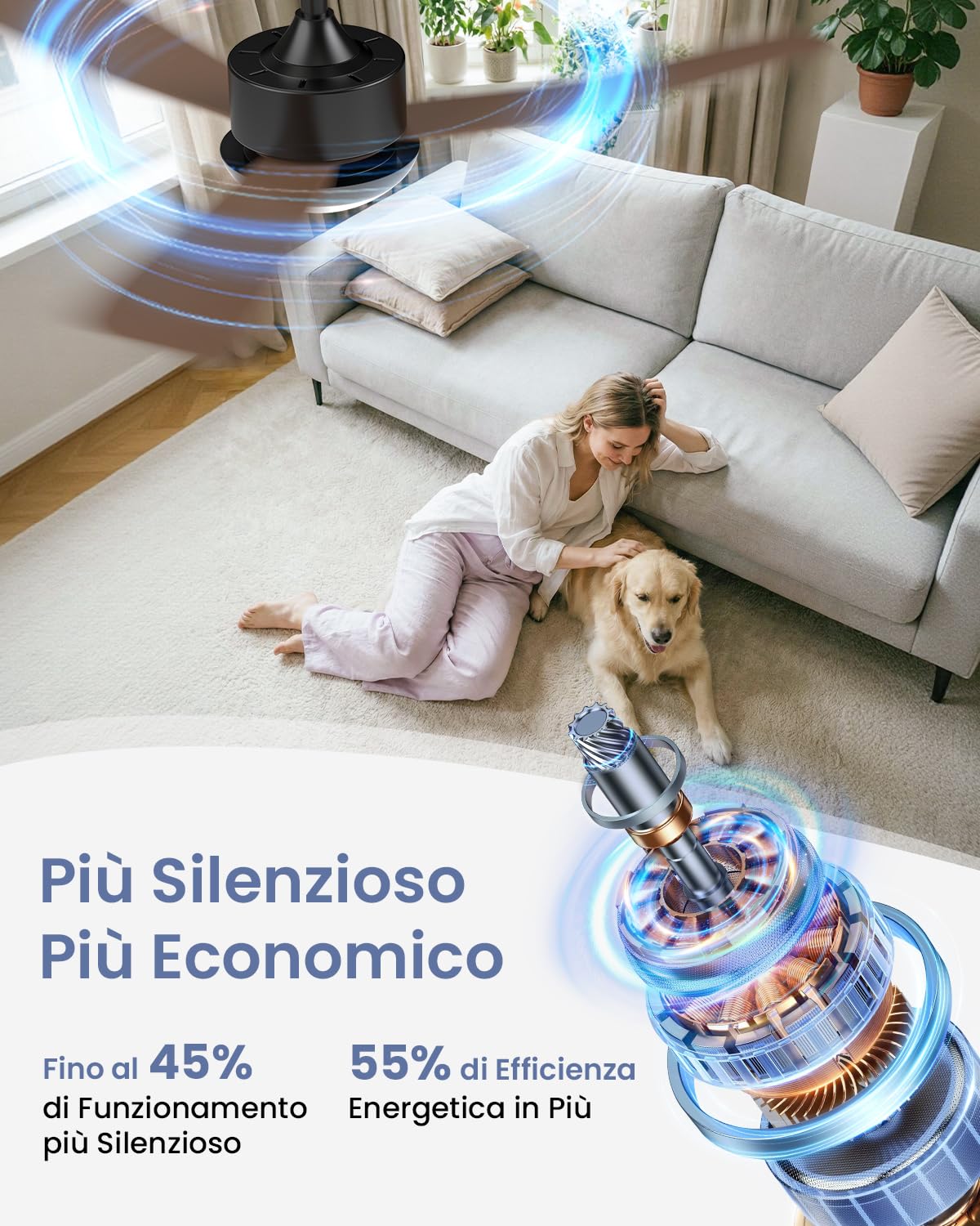 Airwit Ventilatore da Soffitto con Luce 106cm, Pale Effetto Legno, Ventilatore da Soffitto Silenzioso con Telecomando, LED Dimmerabile, Motore DC Reversibile, 6 Velocità per Camera Soggiorno