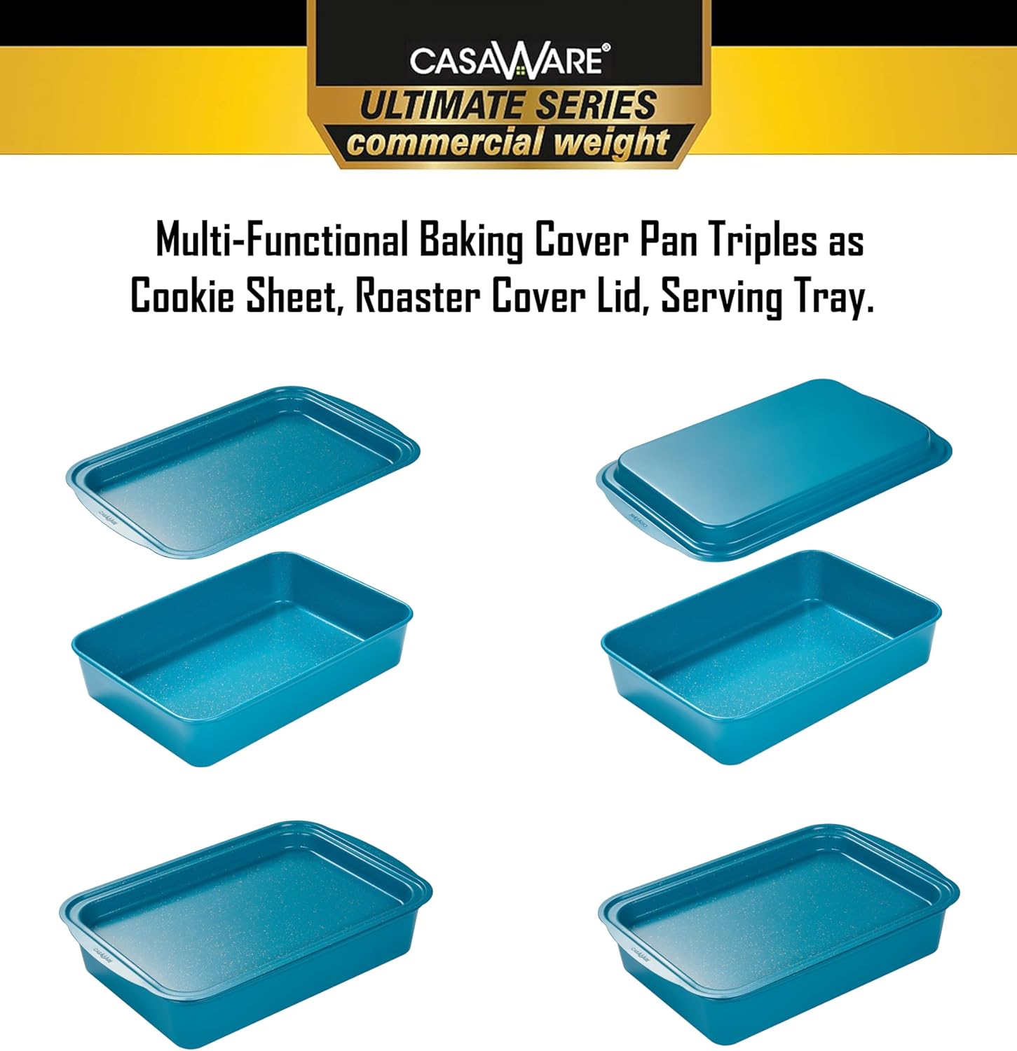 casaWare Ceramic Coated Non-Stick 2pc Bake & Cover Set Ultimate Commercial Weight, 15x10x3-inch Deep Lasagna/Roaster Pan and 14x9.5x3/4-inch Cookie Sheet/Baking Cover Pan with Handles (Blue Granite)