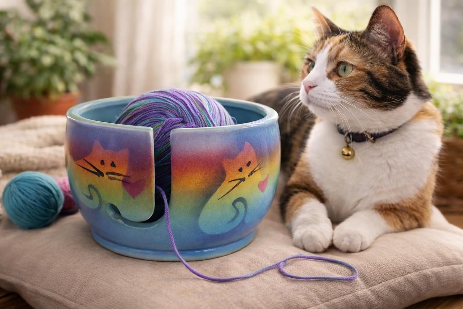 Kitty Cat Yarn Bowl by Award-Winning Artist Judith Stiles. HANDMADE in USA (Cape Cod). Pottery Knitting & Crochet, Handmade Durable Pottery. Gift for Knitters, Cat Lovers and Animal Lovers.