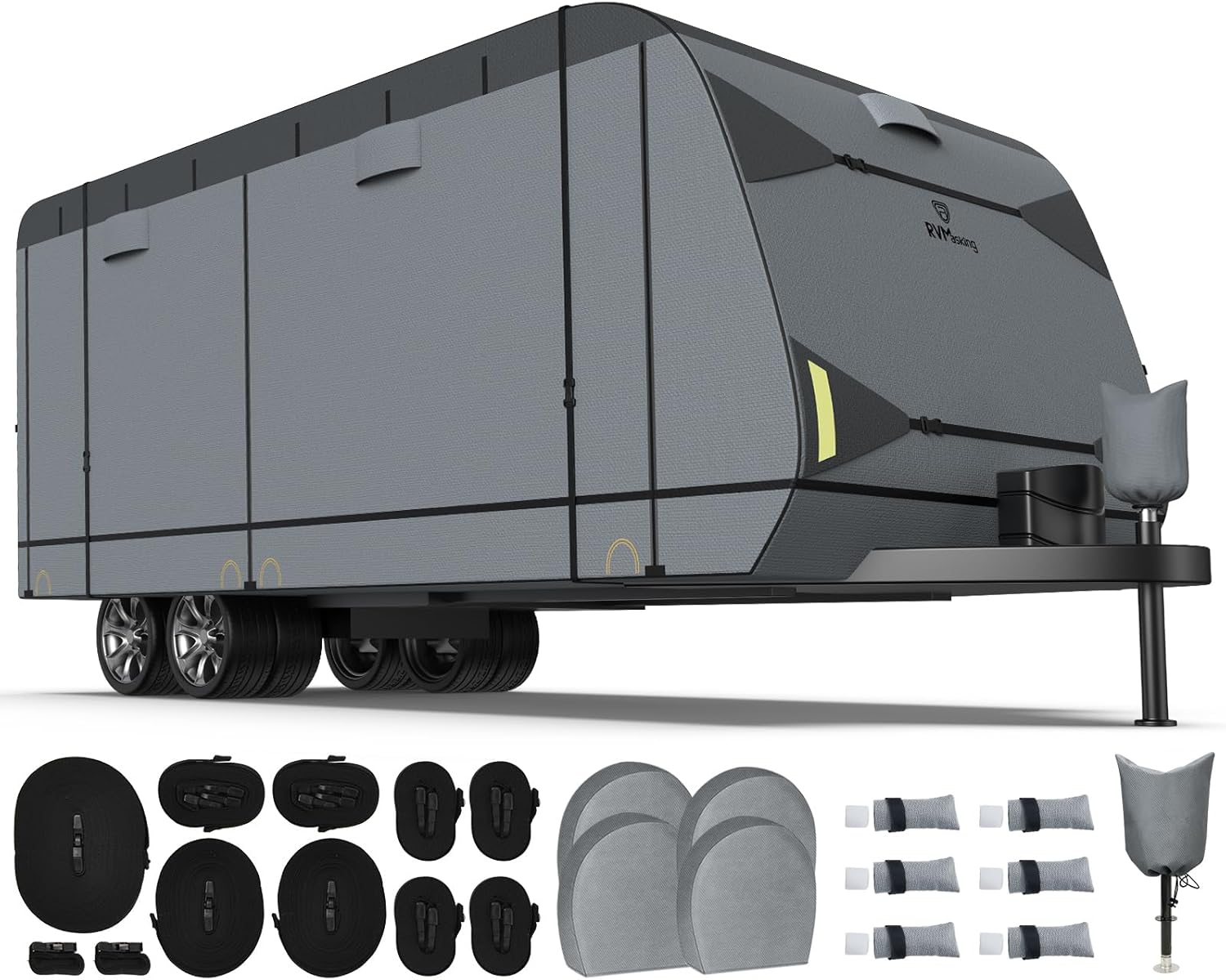 RVMasking 7 Layers top RV Travel Trailer Cover Fits 15'1"-18' Motorhome - Heavy Duty Windproof Rip-Stop Anti-UV Camper Cover with 4 Tire Covers & Tongue Jack Cover 15'1"-18' Gray