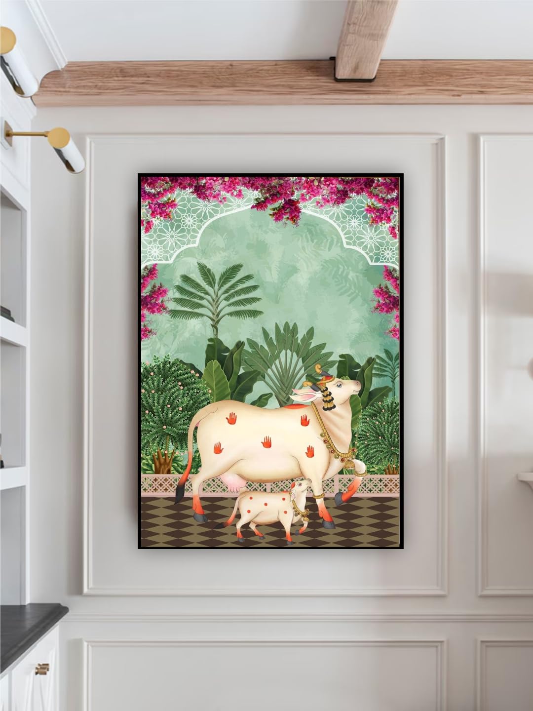Artsense Kamdhenu Cow with Calf Canvas Wall Art with Floating Frame | Spiritual Vastu Painting 20x30 Inches (50x75 cm) | Framed Wall Decor for Home, Temple & Office-image-18