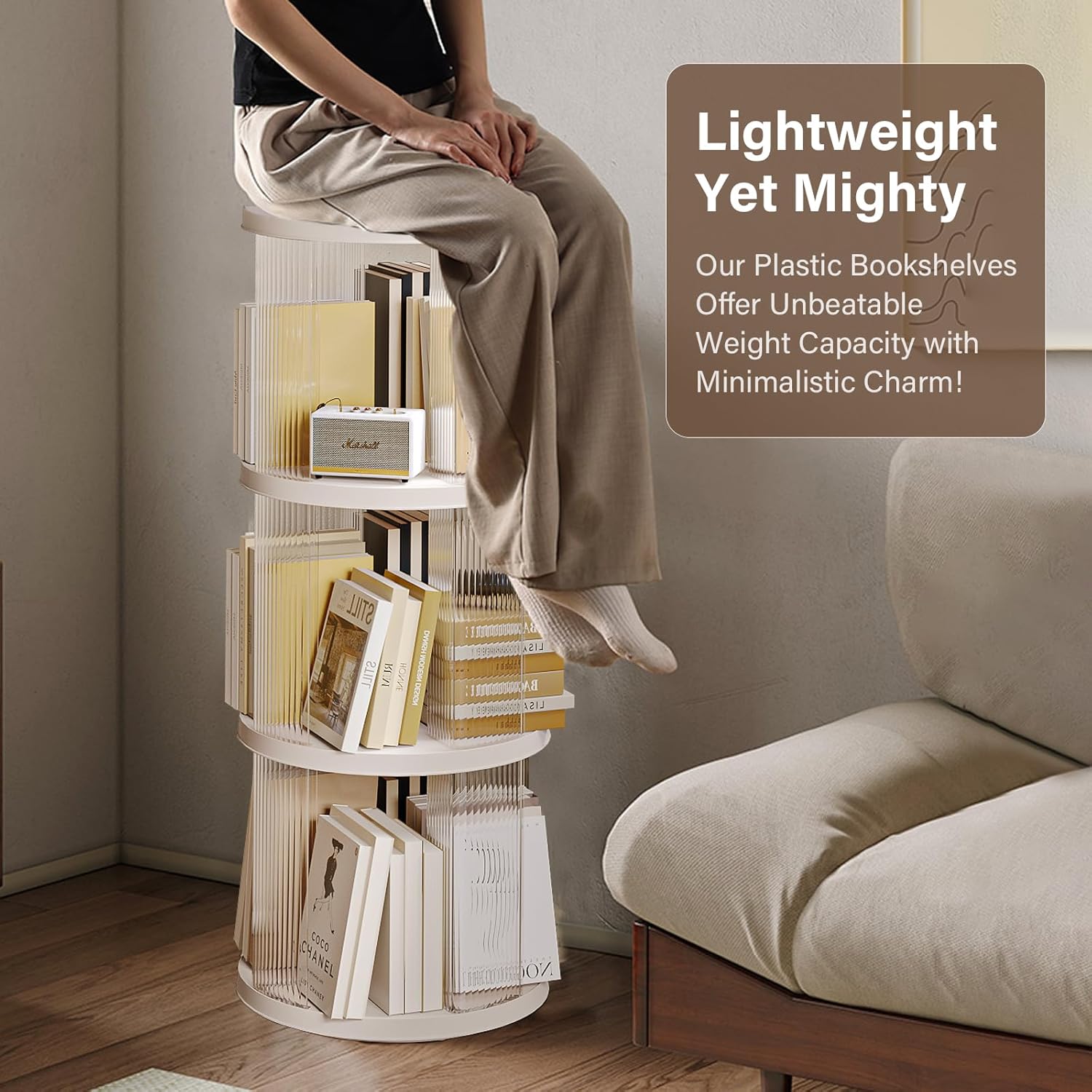 4 Tier Rotating Bookshelf, Small Corner Bookshelf for Small Space, 360 Display Floor Standing Bookcase, Plastic Narrow Book Organizer Shelf for Bedroom, Living Room, Round, White, Lazy Susan