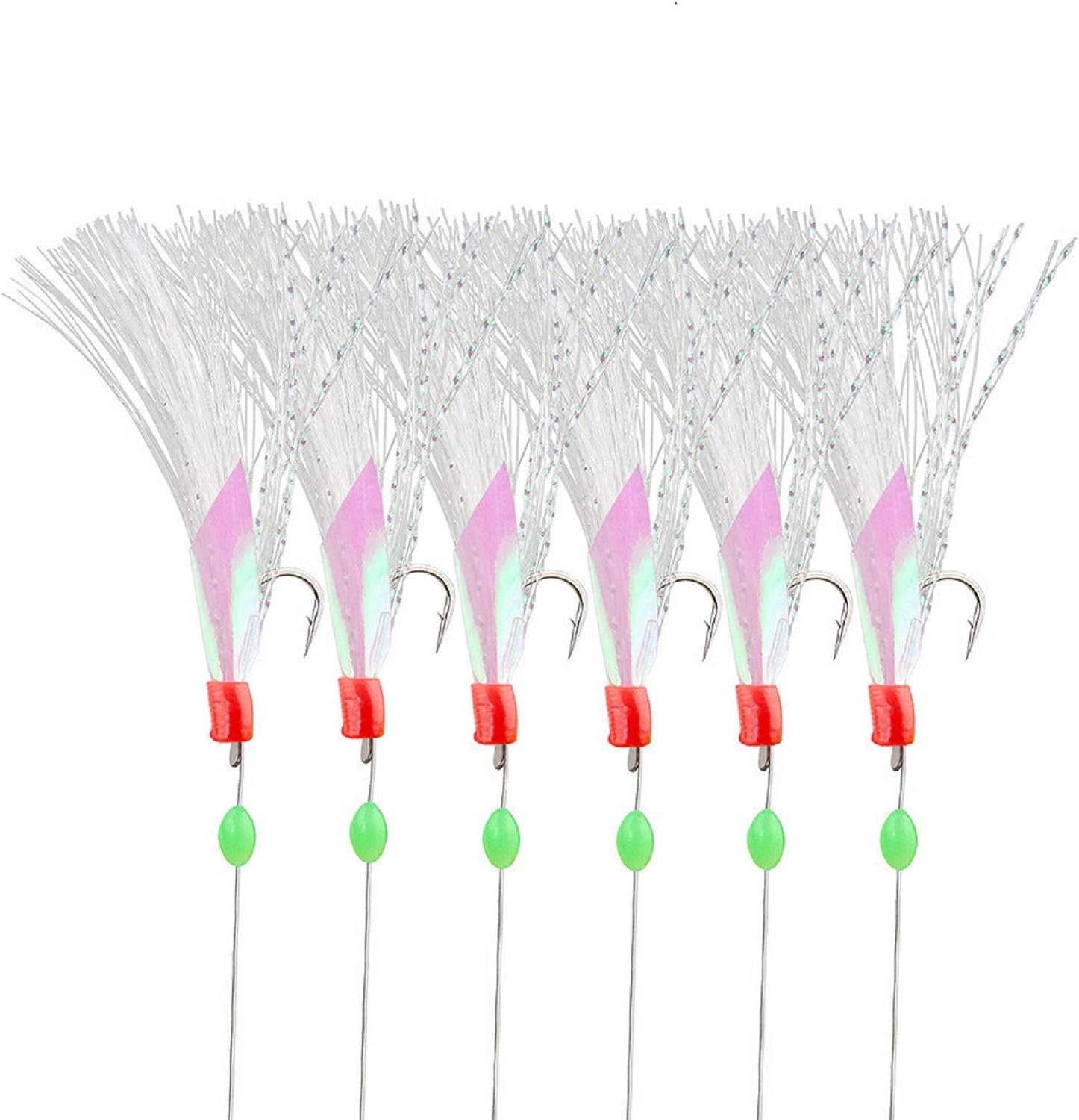10 Packs 6 Hooks/Set Fishing Rigs Rainbow Skin Silk String Hook Fishing Rigs Lure Saltwater Freshwater Bait Tackle with Glow Ball for Bass Trout Walleye Red Fish