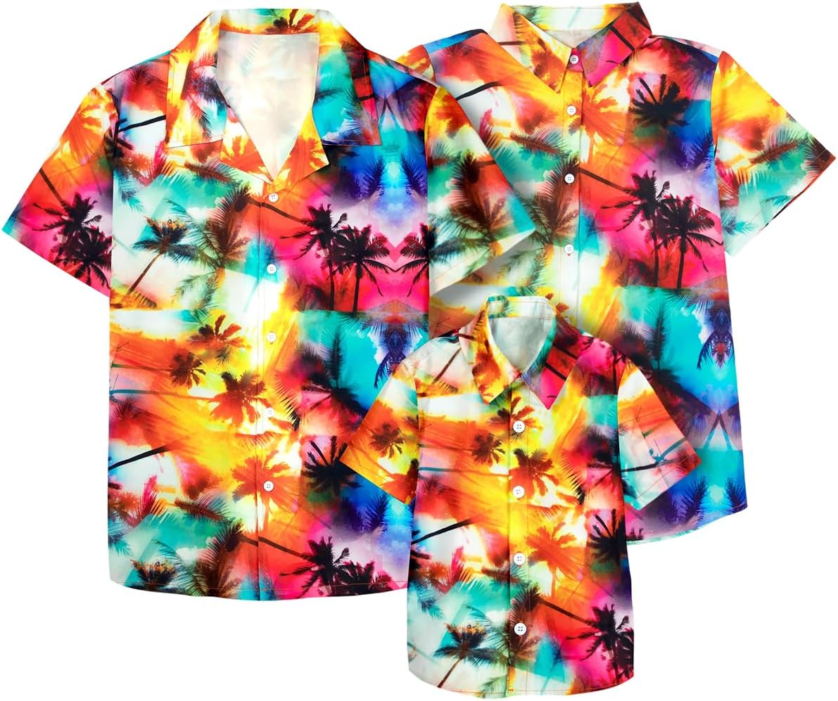 Family Hawaiian Matching Outfits Father Son Matching Shirts Tropical Flower Short Sleeve Button Down Tops