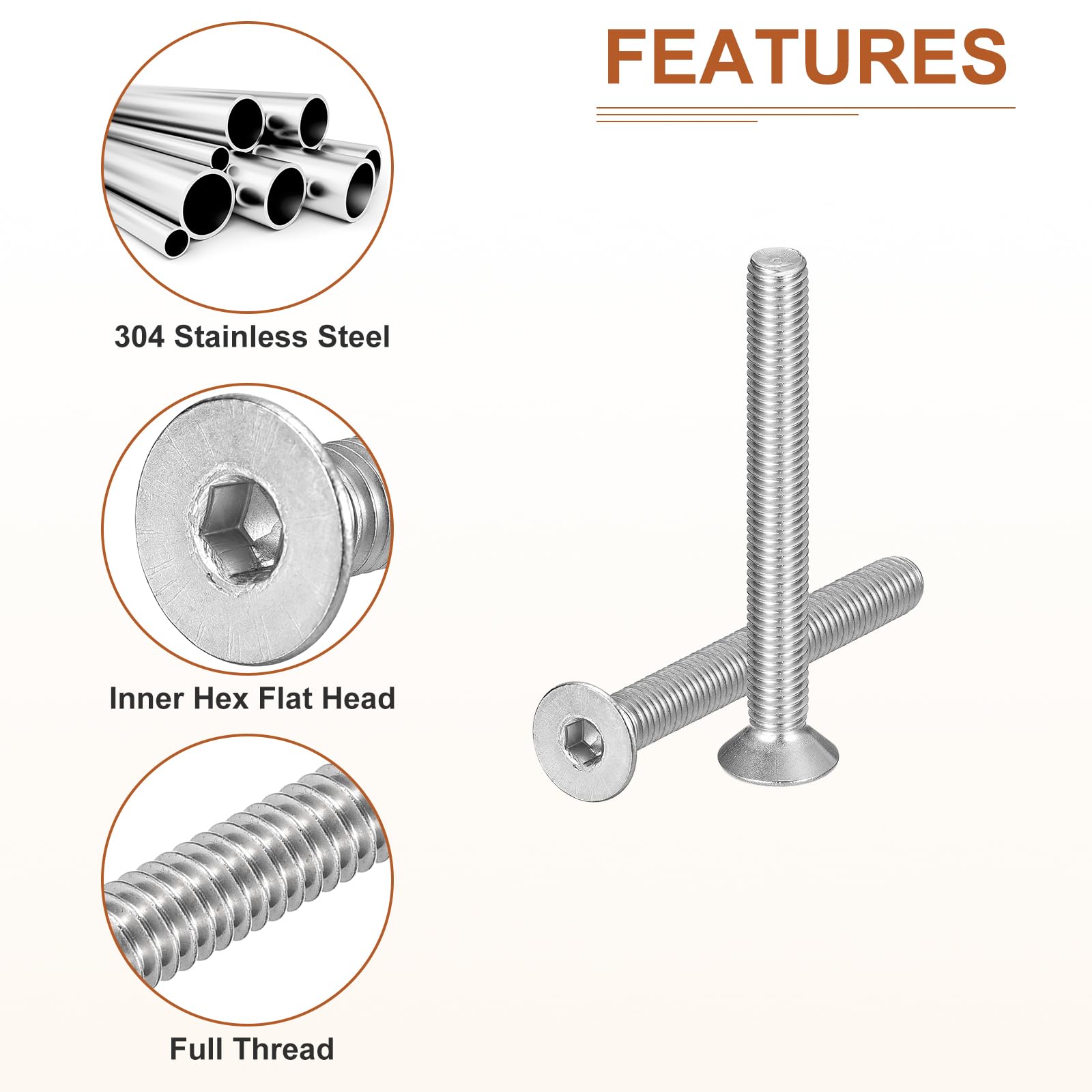 DTGN M8-1.25 x 70mm Flat Head Socket Cap Screws, 10 Pack 304 Stainless Steel Hex Socket Flat Head Screws, Full Thread - Image 4
