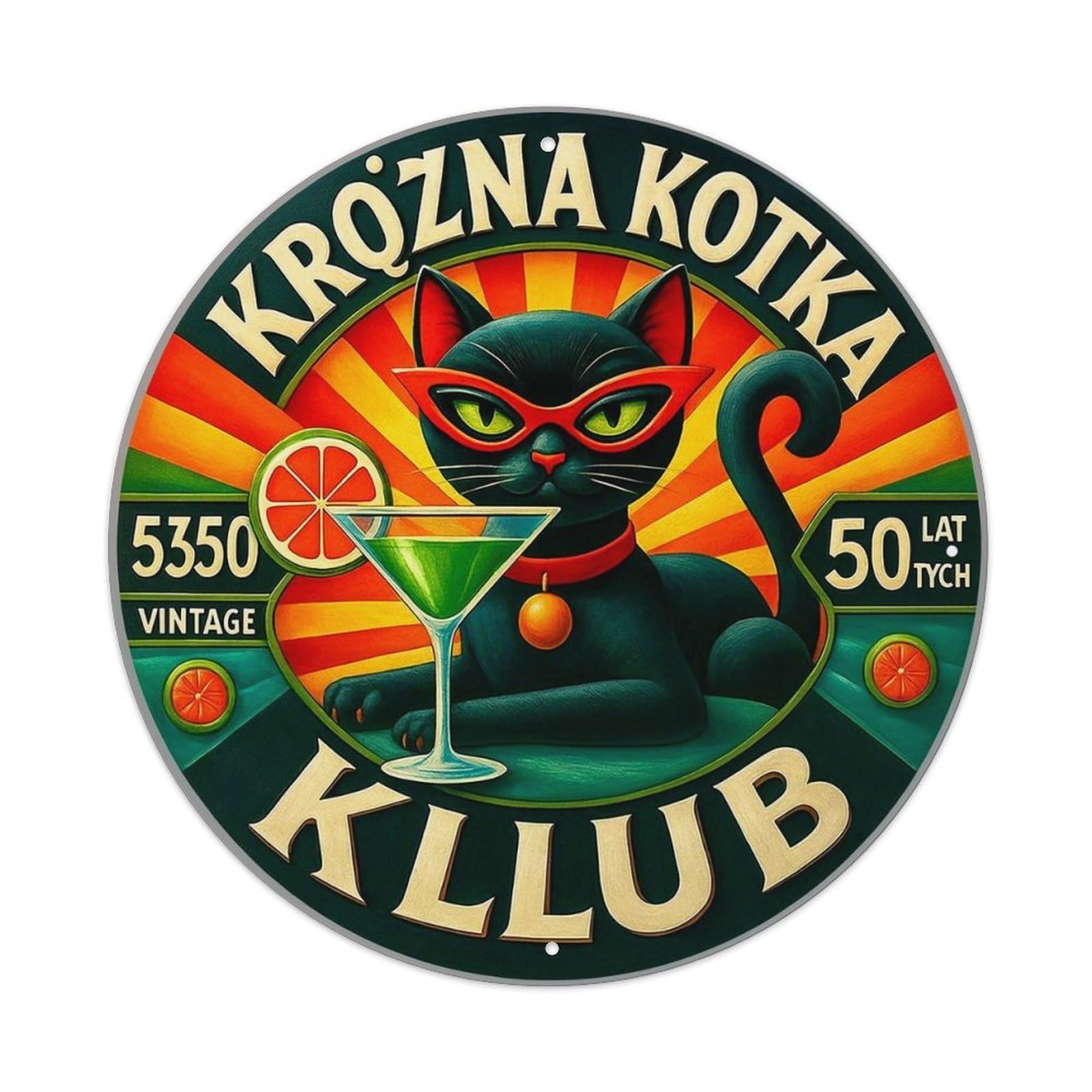Black Cat With Martini Glass Metal Tin Sign Plaque