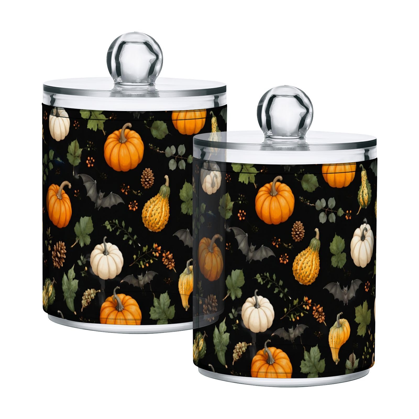 Lyeorm Pumpkin Autumn Apothecary Jars with Lid 4 Pack Qtip Holder Dispenser Bathroom Storage Organizer Clear Plastic Canister Jar for Cotton Ball, Cotton Swab