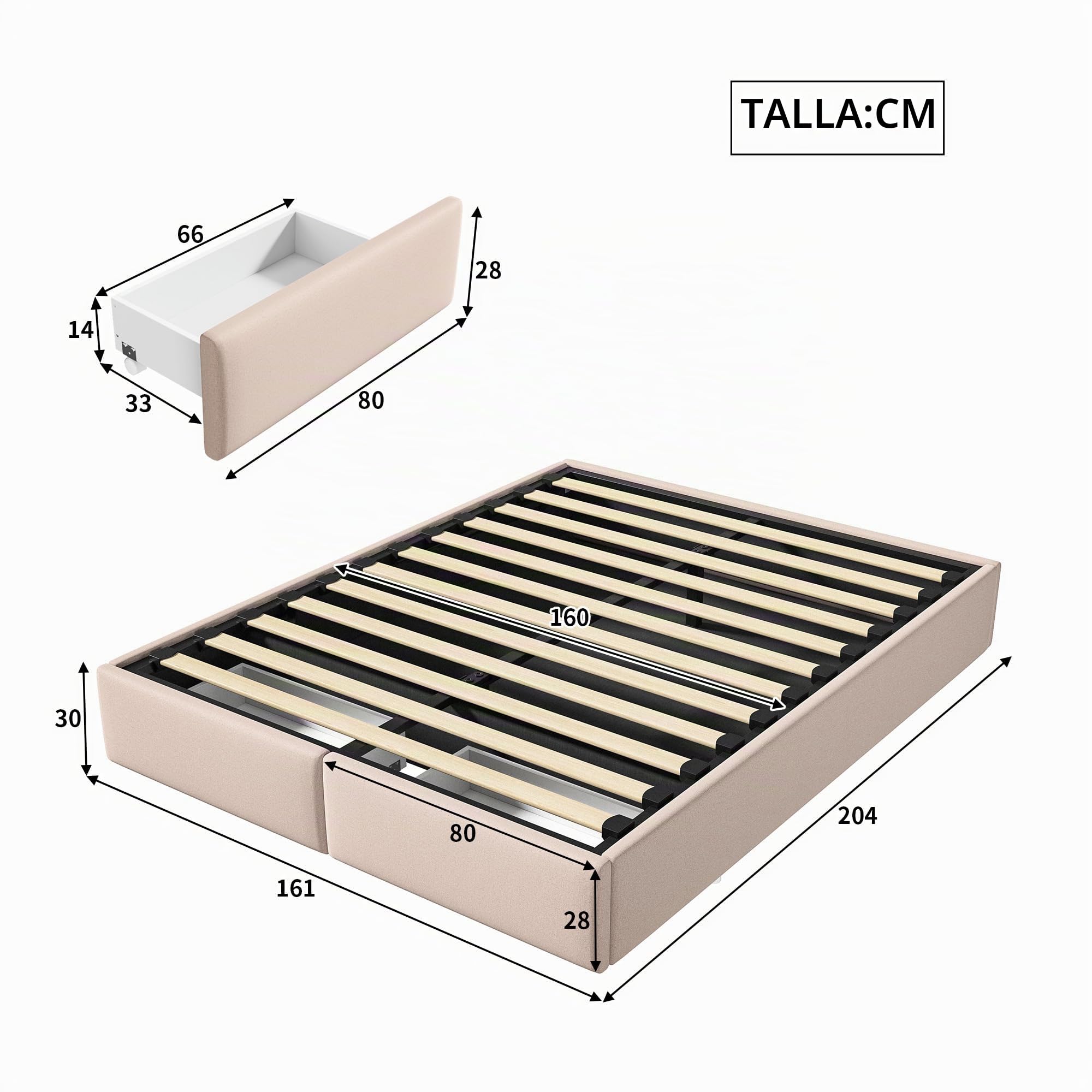 Canapé Abatible 140 x 200 cm, Cama tapizada de almacenamiento, sin cabecero, Cama Matrimonio somier de láminas, cama con 2 cajones, cama juvenil, color beige lino (sin colchón) (beige, 160 × 200)