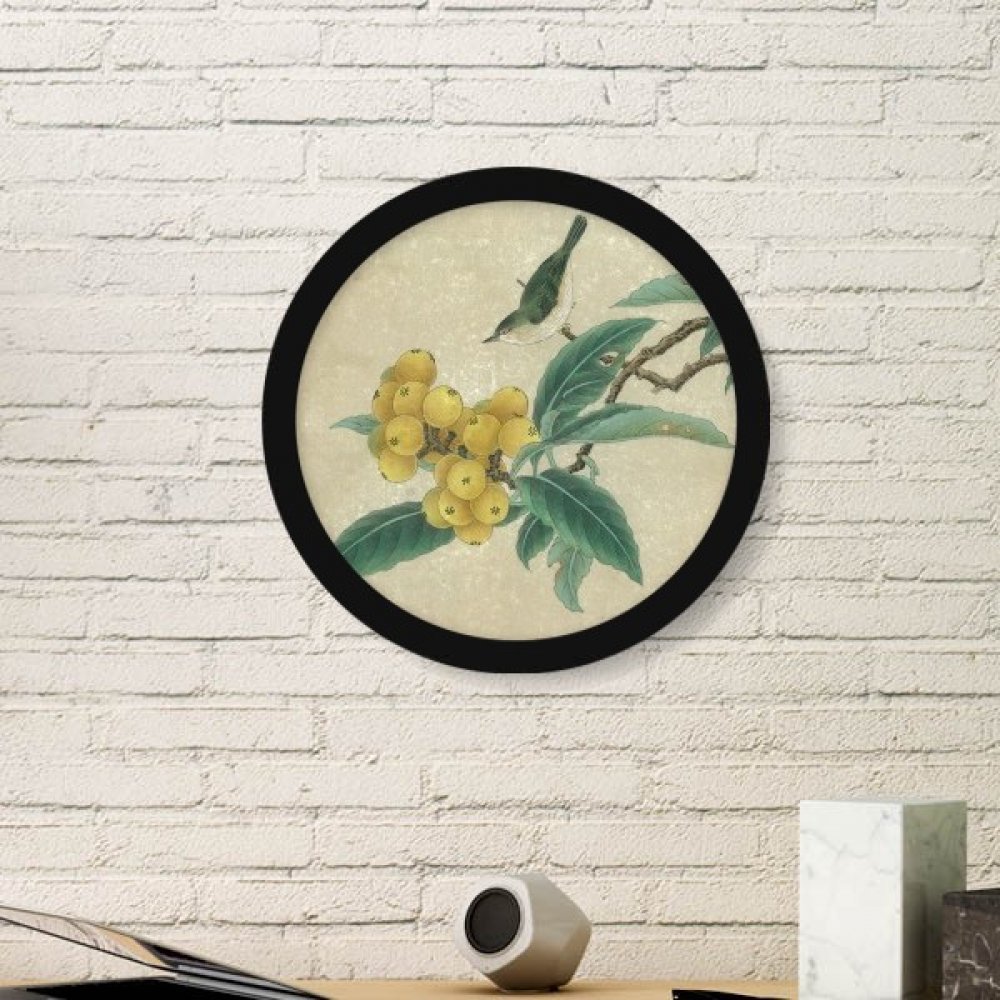 Peinture chinoise néflier cadre rond bois noir déco murale