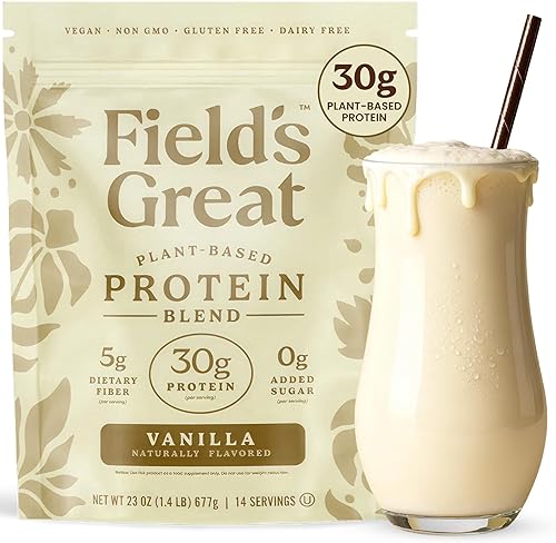 Field's Great Batido de proteína de vainilla todo en uno a base de plantas, envejecimiento saludable, 1.06 onzas de proteína, 0.18 onzas de fibra +