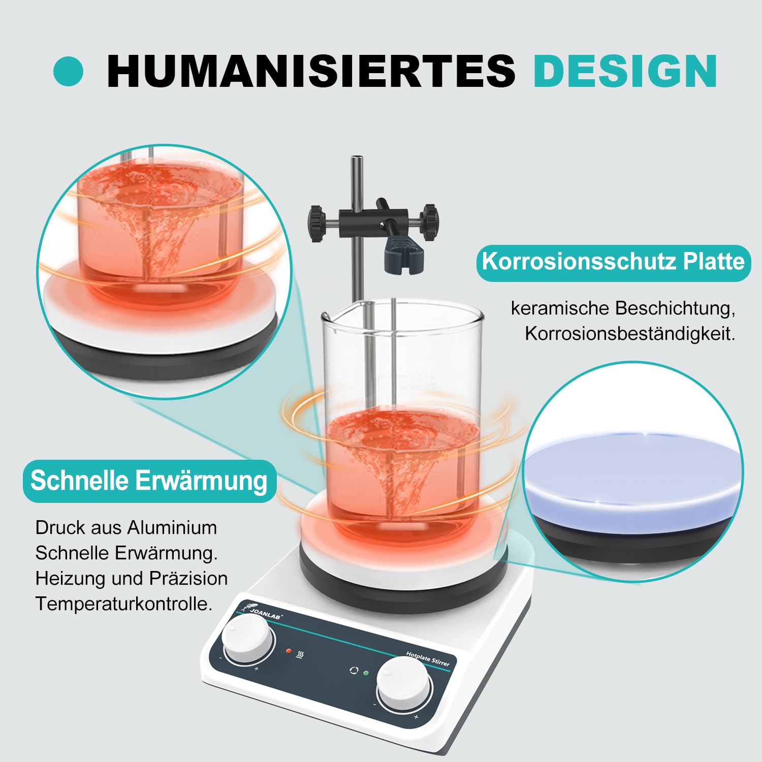 JOANLAB Magnetrührer mit Heizplate, 5 Zoll, 260°C, 200-1500 U/min, 3L Kapazität, Rühr- und Heizfunktion, Drehknopfsteuerung, Edelstahl-Keramik-Platte