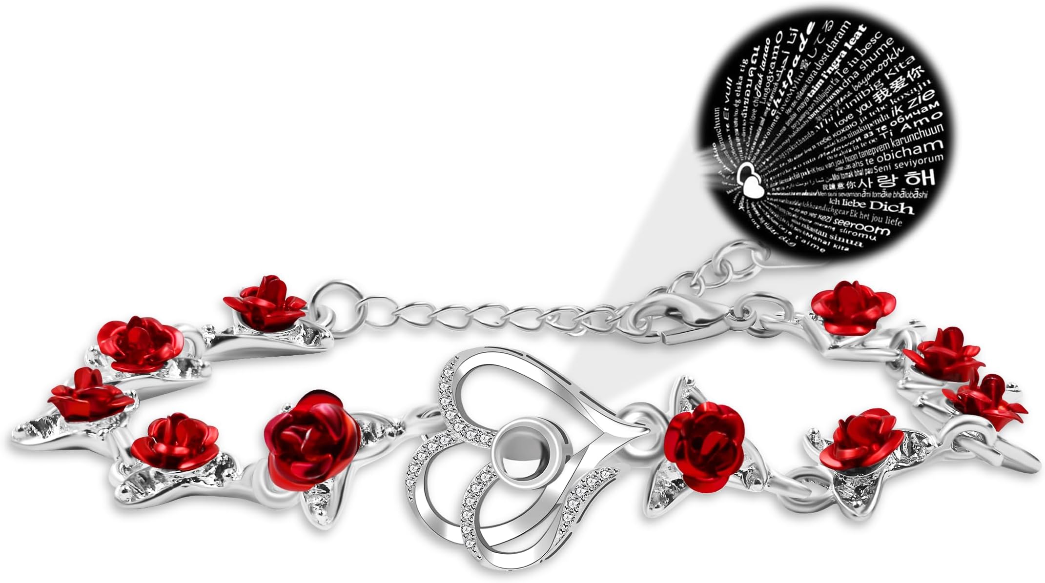 Romantic Love Gifts 100 Different Languages I Love You Bracelets | 10 Roses Flower Heart Projection Bracelet Adjustable Chain