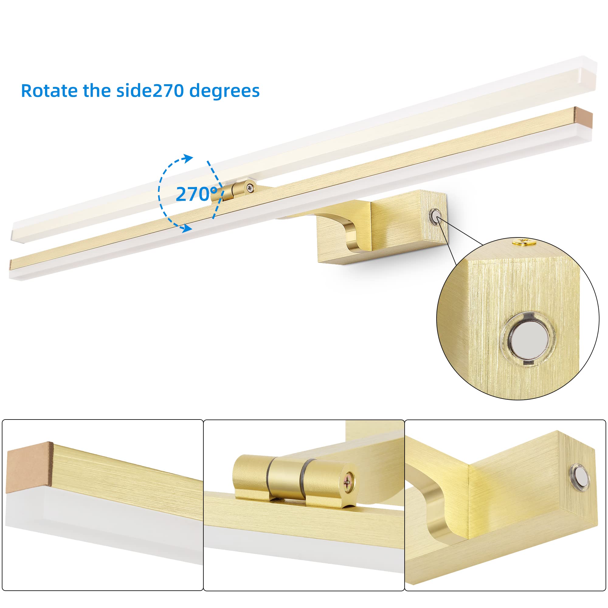 LED Lampada da Parete Temperatura Colore Regolabile, 80cm 16W Applique Illuminazione per Pareti Bagno Nero Spazzolato Luci da Esposizione con Testa Della Lampada Girevole Luci Lettura Faretti da Muro
