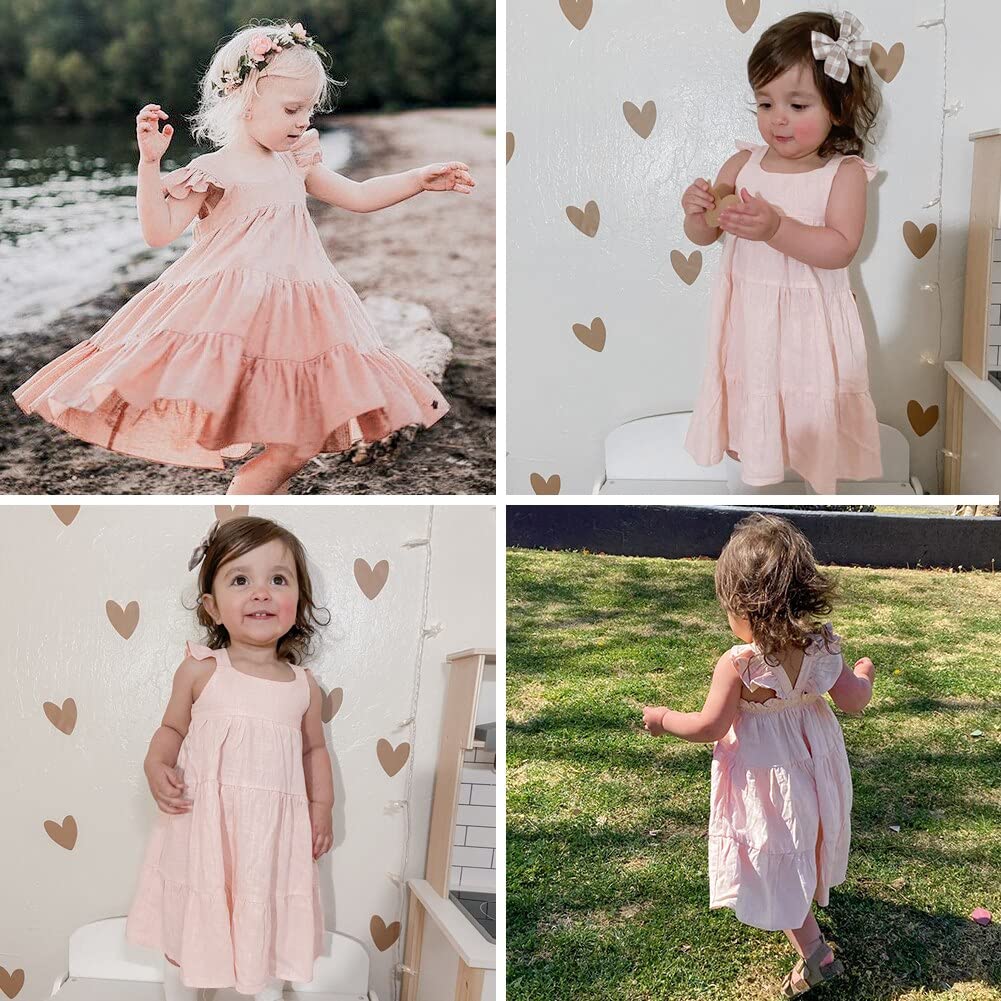 Curipeer Toddler Girls Linen Solid Dress with Smocking Girls Casual Sleeveless Dress 12M-8T