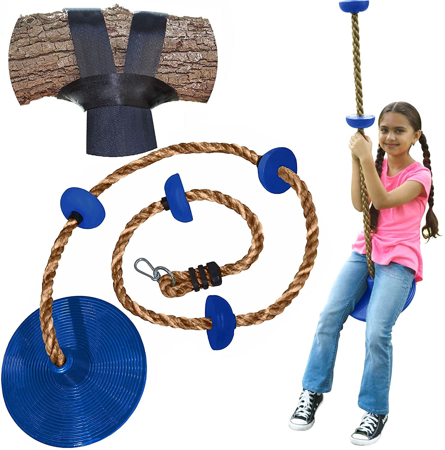Jorunb Tree Swing - 2m / 6.5ft Blue Disc Swinging Seat & Brown Climbing Rope for Kids - Playset with Carabiner and 4-Foot Strap - Outdoor Swing Set Accessories﻿ Swing Support 440lbs/200kg (Blue)