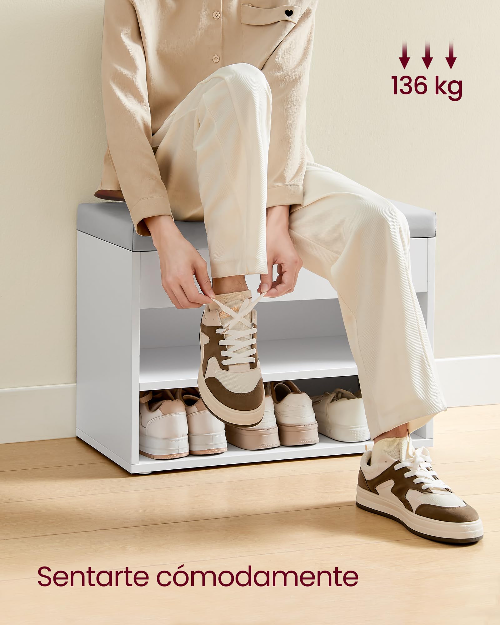 VASAGLE Custos Colección - Banco Zapatero, Mueble Zapatero con Asiento Tapizado, Banco Recibidor con 3 Compartimentos, 30 x 60 x 44 cm, Entrada, Blanco Nube y Gris Paloma LHS020W01V1