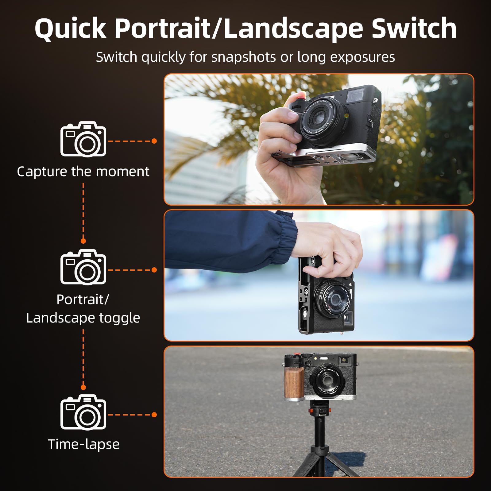 BRDRC Impugnatura per FujiFilm X100VI/X100V, supporto a forma di L con adattatore a vite da 1/4 e piastra a sgancio rapido Arca e pulsante di scatto per accessori fotocamera Fuji X100VI/X100V (argento