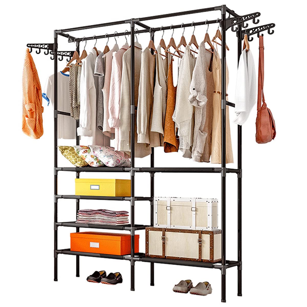 TUOKING Garment Rack, Metal Clothing Racks for Hanging Clothes, Heavy Duty Wire Bedroom Clothing Rack, Freestanding Portable Wardrobe Closet Rack with 4 Hanging Rods, 70" H*34L*17.5W, Black