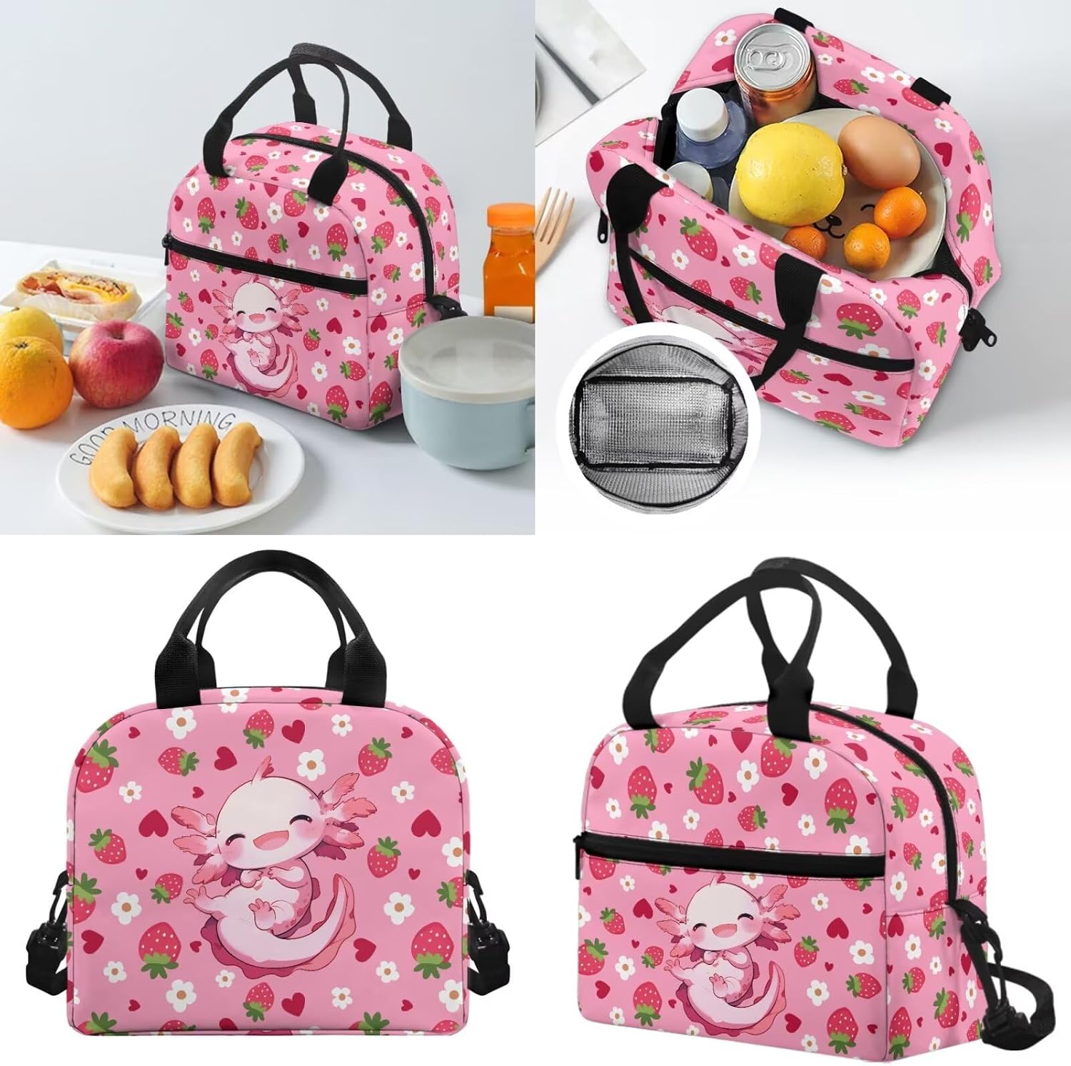 Horeset Axolotl Strawberry Backpack for School Girls Kids 3 Pack 17inch Schoolbag & Water Bottle Sling Bag & Picnic Lunch Bag Primary Elementary School Bookbag with Side Mesh Pocket