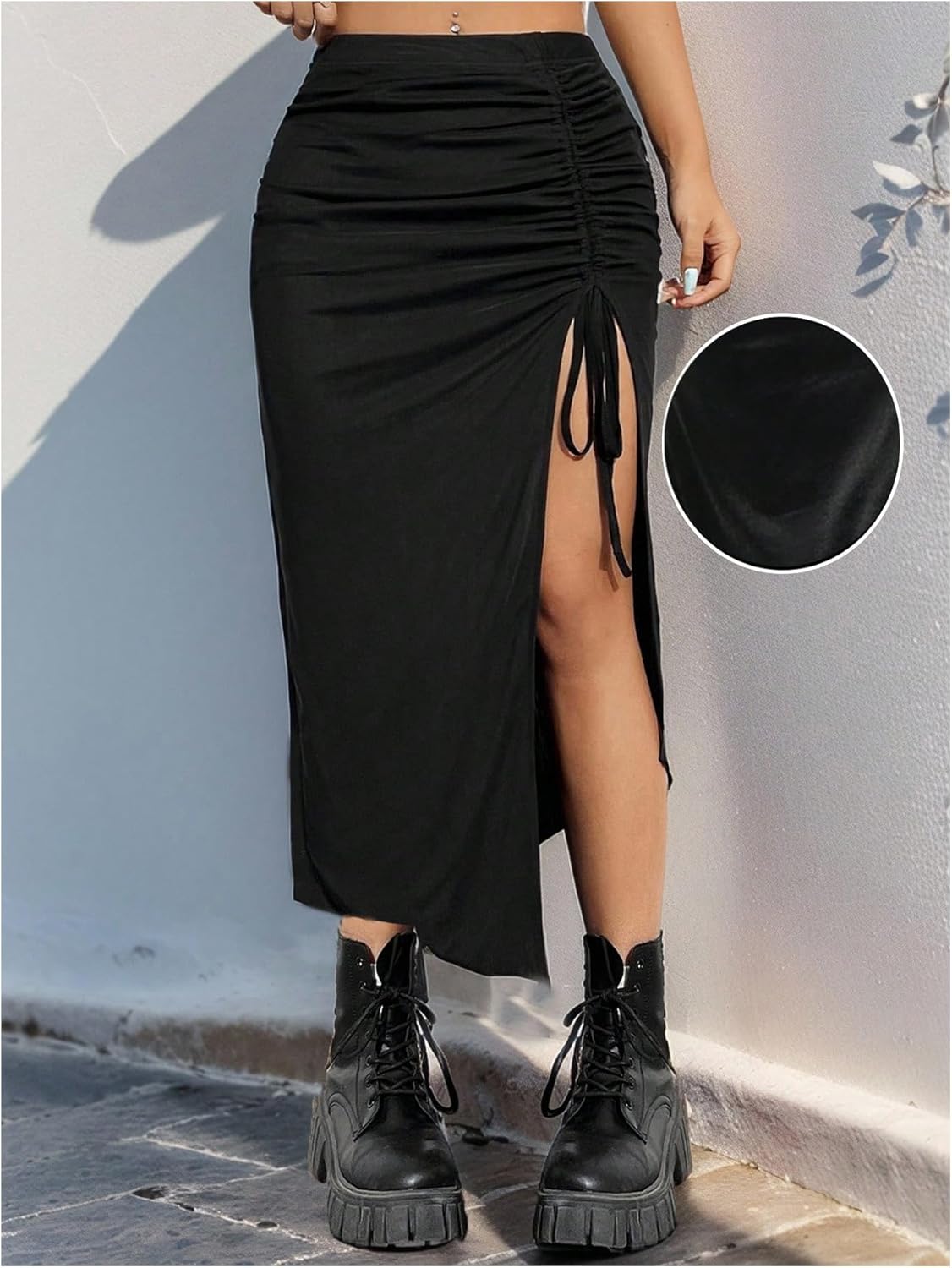 WDIRARA Women's Plus Size Checkered Ruched Midi Skirt High Waist Split Thigh Pencil Skirts - Image 5