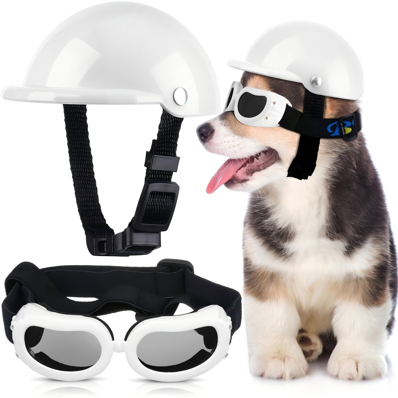 S Size Pet Dog Helmet and Goggles Set - 4 Inch Padded Motorcycle Helmet with Adjustable Belt for Small Dogs, White โ image 1