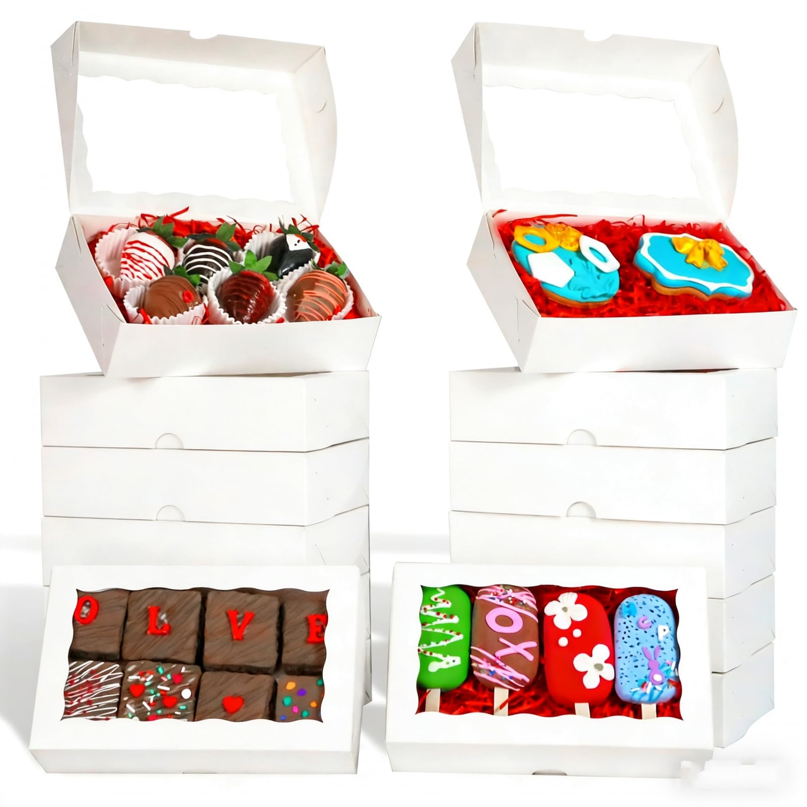 SLShePack 20PCS 8x5x2 Inch Cookies Boxes Bakery Boxes with Window for Chocolate Covered Strawberries Cakesickle,Chocolate Truffle,Pretzel &More