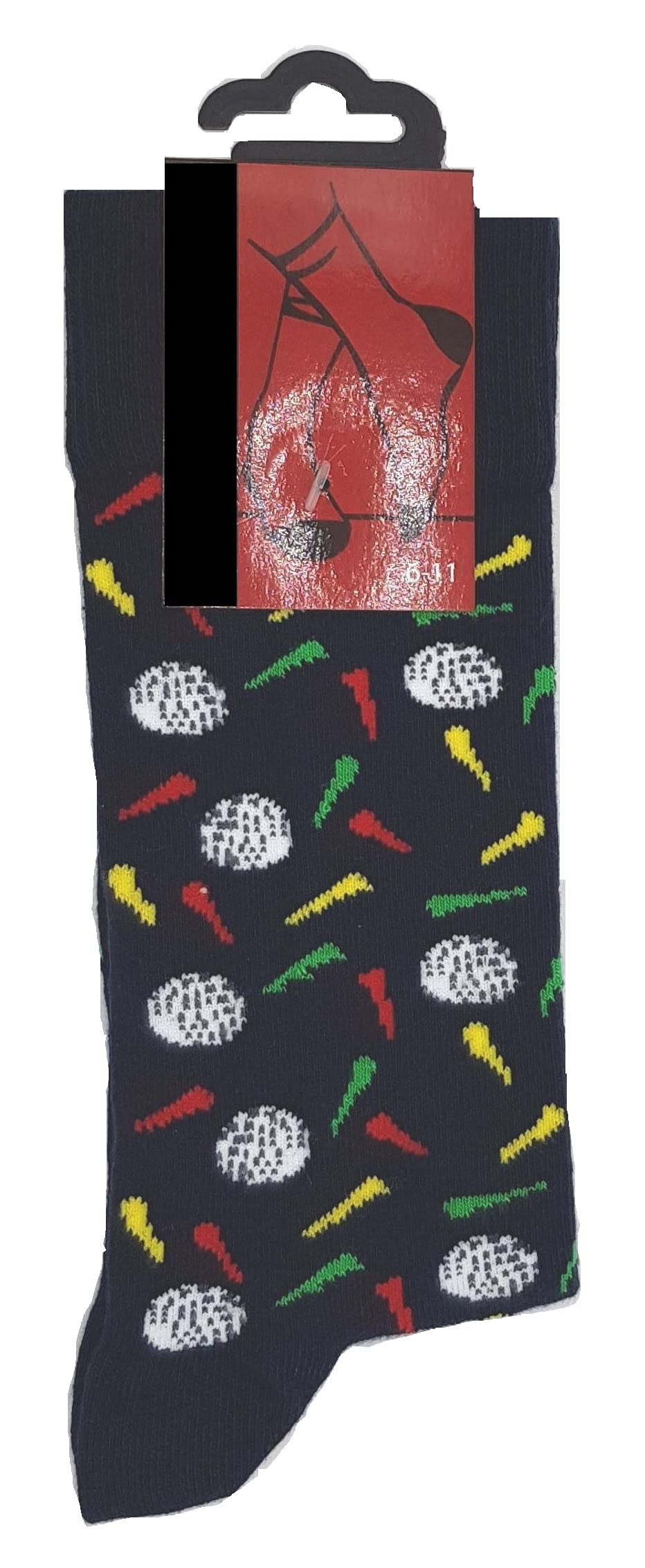 Farm Cottage Brands Blue Socks With Woven Golf Balls And Pins On A Navy Background. Cotton Rich, Sizes 6-11