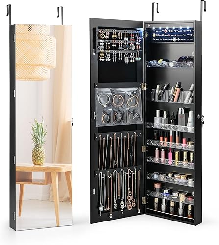 GOFLAME Armario de joyería con espejo organizador de armarios de joyería con espejo de longitud completa luces LED bolsa de almacenamiento estantes