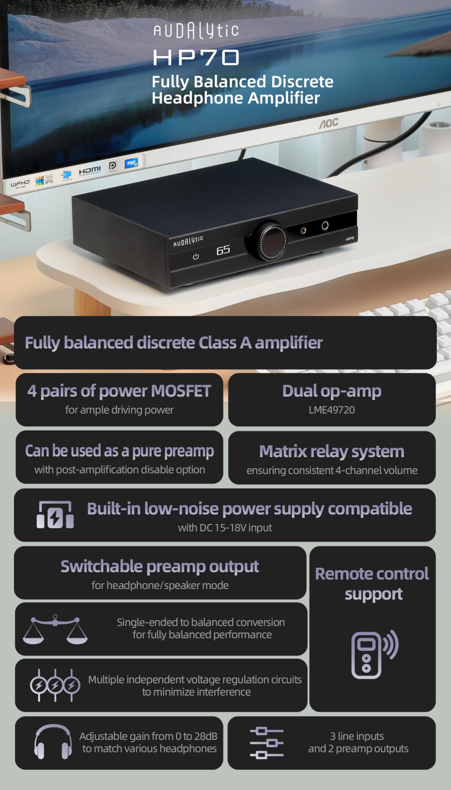 AUDALYTIC HP70 Amplificatore per cuffie discreto completamente bilanciato - Amplificatore di classe A LME49720 Doppio op-amp preamplificatore 3 ingressi di linea e 2 uscite preamplificate Supporto