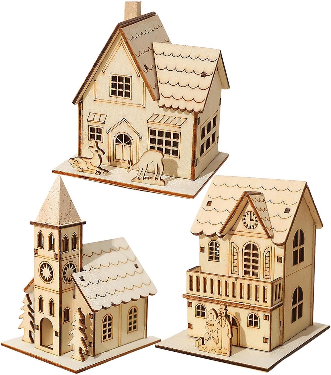 Casette natalizie a LED Generico – Casette natalizie da tavolo in legno da 3 pezzi, ornamenti decorativi luminosi, accenti domestici stagionali, display luminoso festivo, decorazioni invernali per camera da letto, cucina e librerie