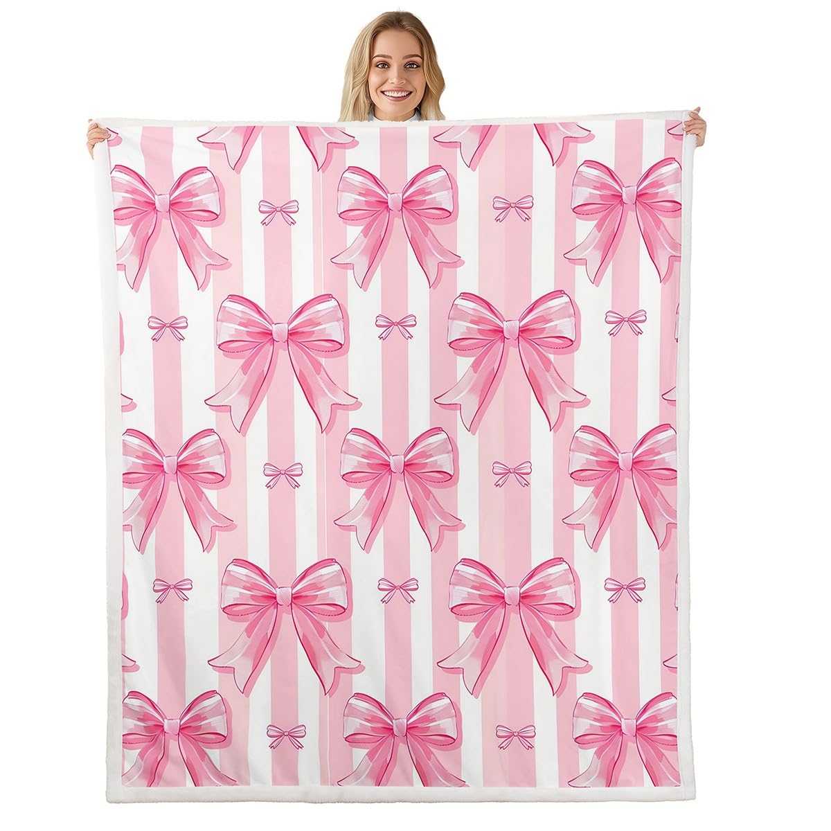 Feelyou Pink Bowknot Sherpa Blanket,Dreamy Princess Bowknot Fleece Throw Blanket,Girls Bedroom Room Decor,Cute Bow Girly Plush Blanket,Kawaii