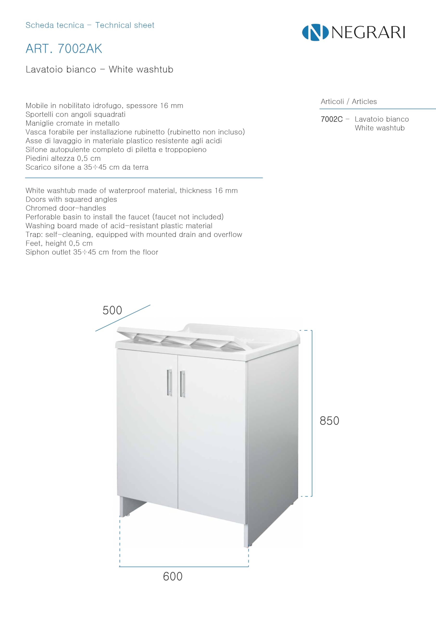 Negrari, Lavatoio Lavapanni in Nobilitato, Kit di montaggio, Vasca resistente agli acidi, Kit di scarico incluso, Interno e Esterno, L60 x P50 x H85 cm, Bianco