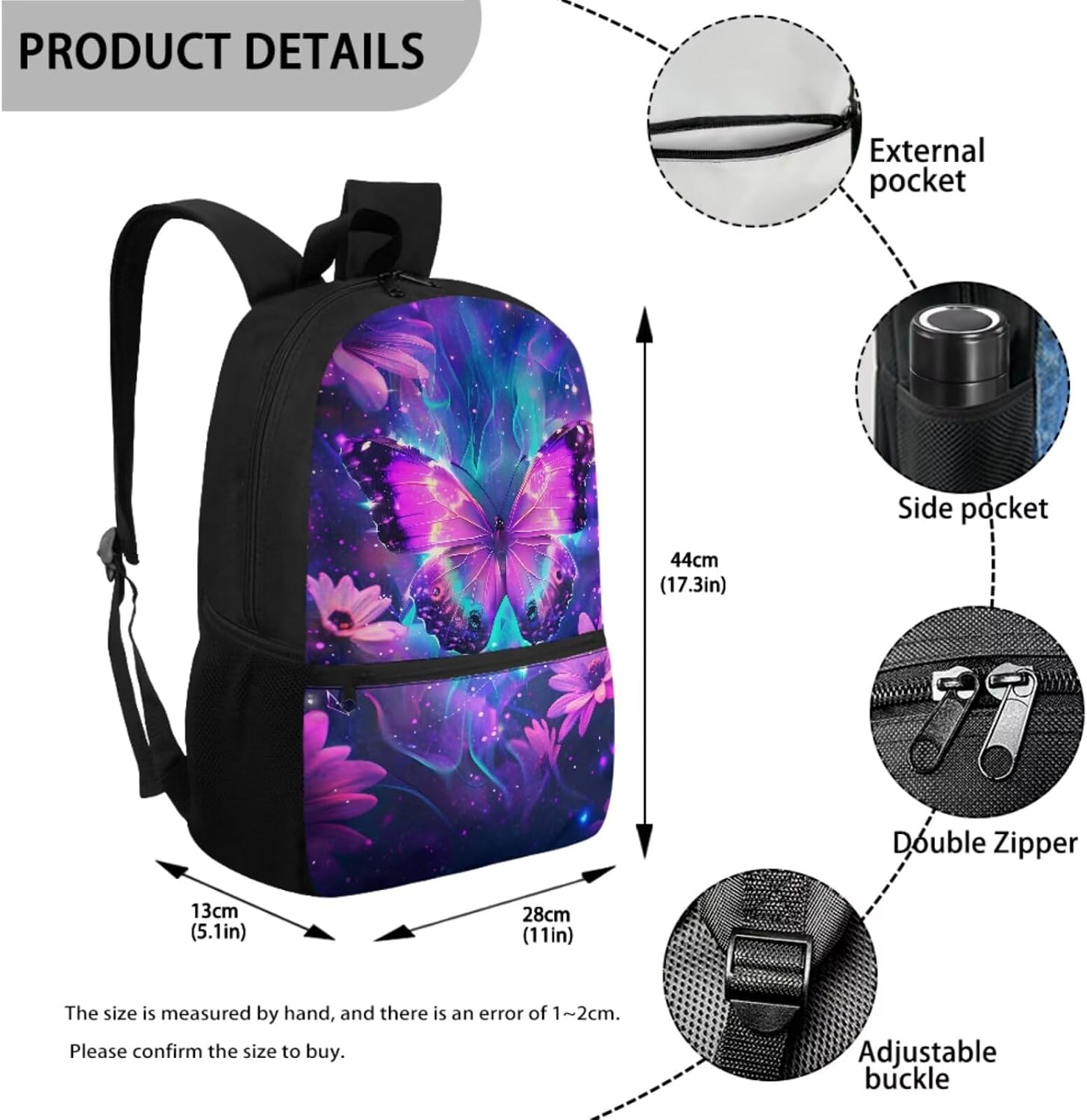 Galaxy Butterfly Backpack for Girls School Bag with Lunch Box Pencil Case Water Bottle Holder 4 PCS Bookbag Casual Boys Daypack Back to School Accessories