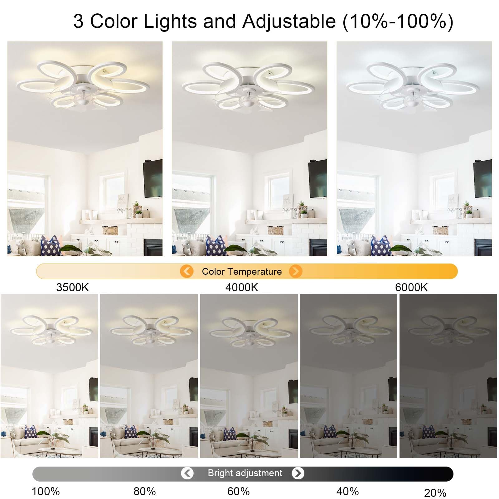 Fiore Ventilatore Da Soffitto Con Luce E Telecomando, Lampadario Ventilatore Silenzioso LED Dimmerabile , Plafoniera Con Ventilatore 6 Velocità DC Funzione Di Memoria Per Camera Da Letto, Bianco