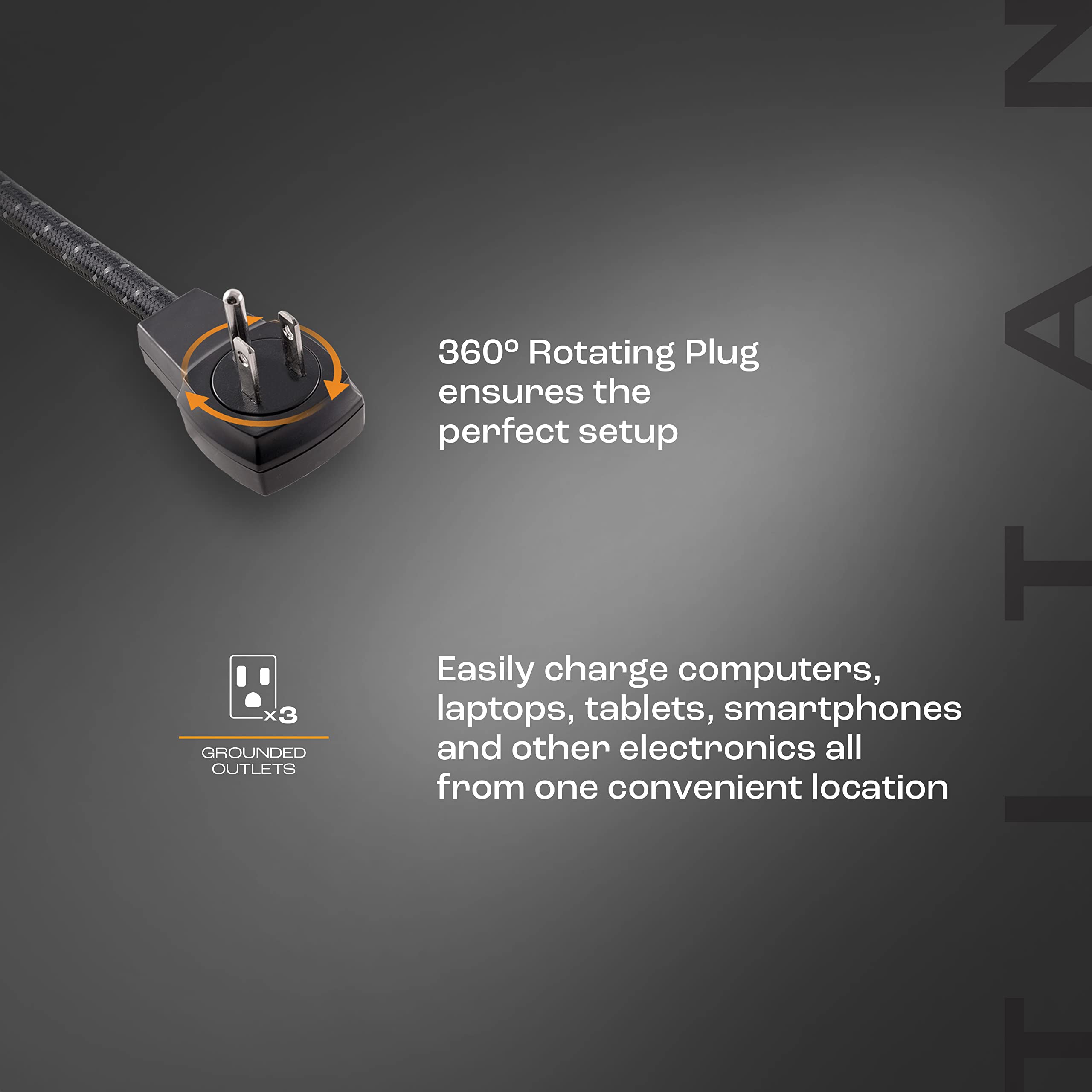 Titan 3Outlet Power Strip, 4 Ft Braided Extension Cord, LED Light Strip