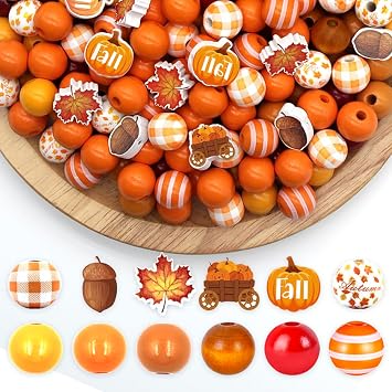 200 PCS Fall Wooden Beads, Maple Leaf Pumpkin Acorn Pumpkin Coach Autumn Wood Beads, Thanksgiving Wooden Bead for Harvest Bracelet Necklace Home Tiered Tray Decor