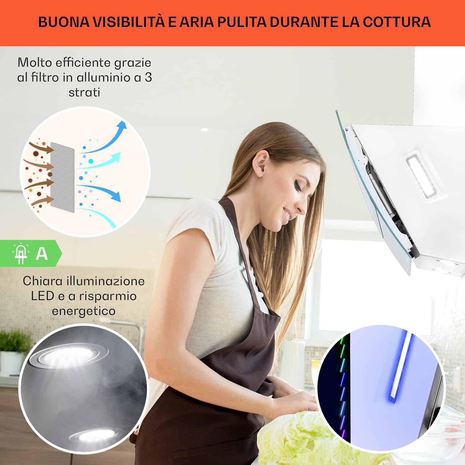 Klarstein Clara Angled Cappa Aspirante 60 cm, Cappa Cucina con Aspirazione Smart, Con Filtro per Cappa in Alluminio, Flusso d'Aria 509m³/h, Illuminazione LED RGB, Cappa Sottopensile Esterno Classe A