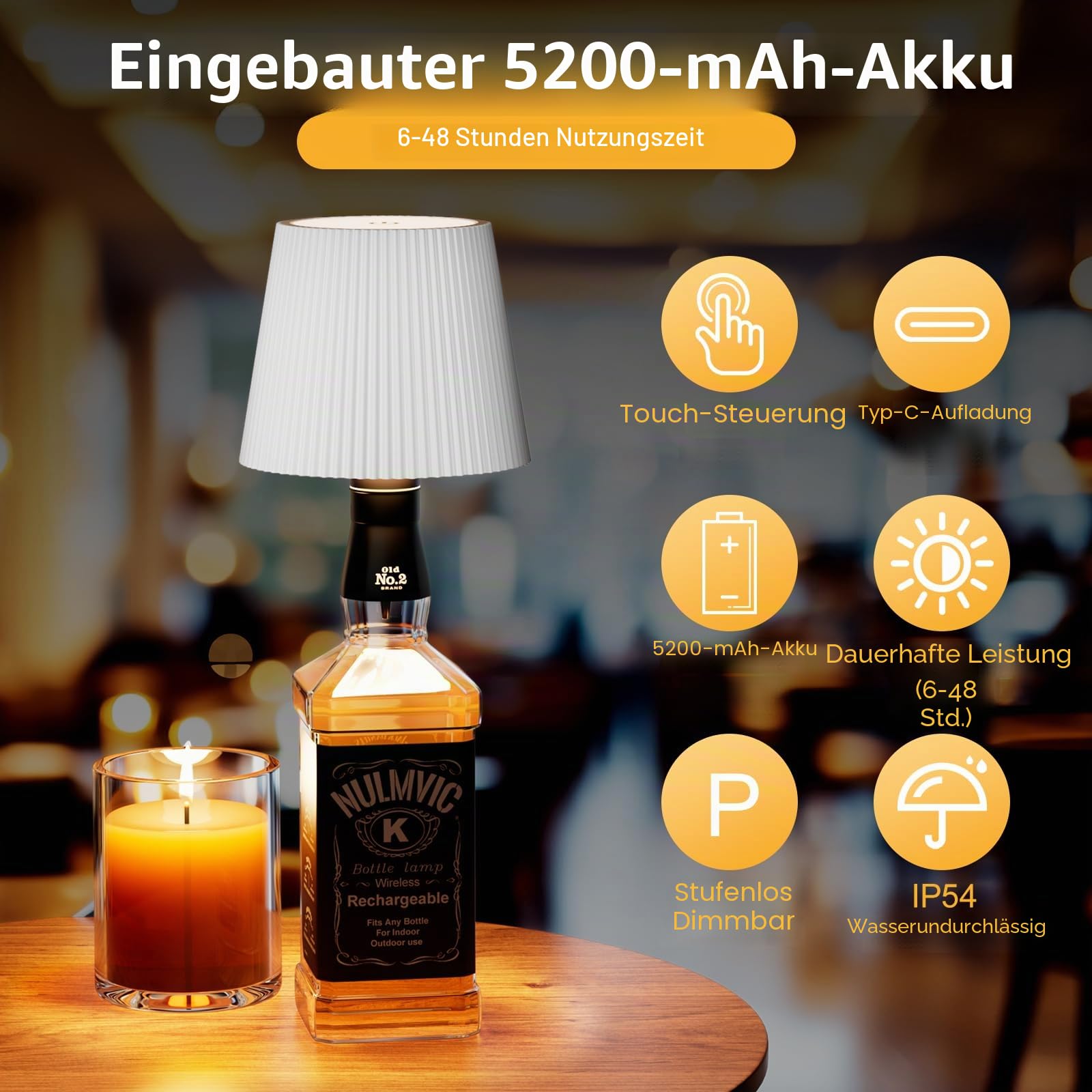 2 Stück Flaschenlampe LED Aufladbar - 5200mAh Tischlampe Kabellos Dimmbar 3 Farben - Flaschenlicht Touch Control IP54 Spritzwassergeschützt für Innen Außen Familie Restaurant (Schwarz+Weiß)