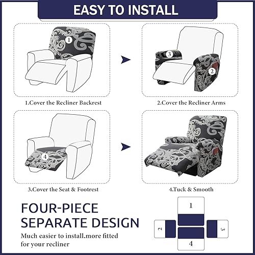 Miniatura 62 de Funda reclinable, elástica, suave, antideslizante, para silla reclinable, 4 piezas, protector de muebles para sillón reclinable con bolsillo