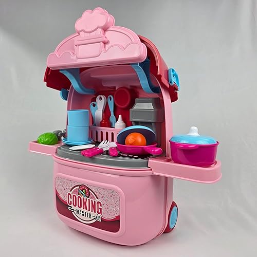 Miniatura 5 de Luxe Realm - Juego de cocina rodante para niños, carrito de cocina rosa con luces y sonidos, juego de cocina portátil con utensilios y accesorios