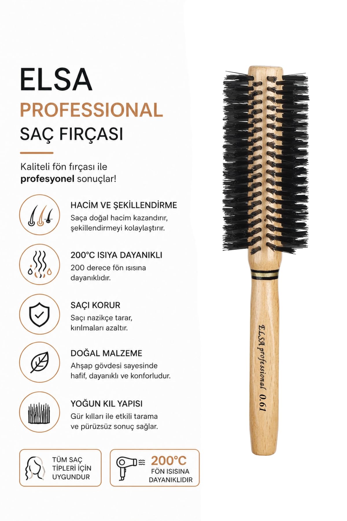 Elsa Professional 0.61 Natürel Kırçıllı Saç Fırçası