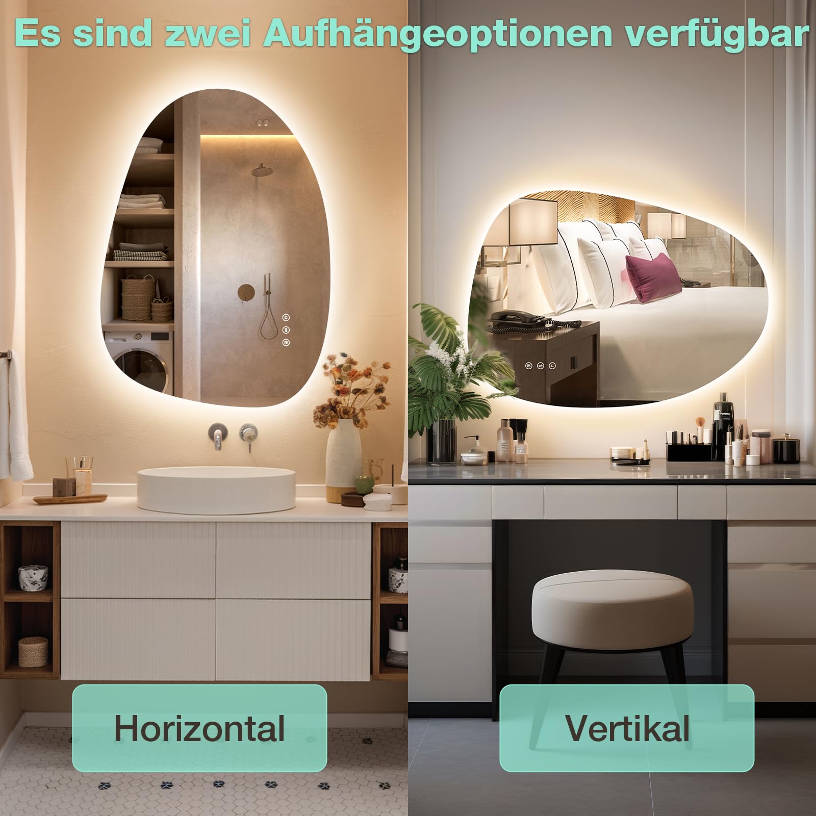 Badezimmer Spiegel mit Beleuchtung 83 × 60 cm, 3 Lichtfarben, Dimmbar, Antibeschlag, Asymmetrischer Spiegel mit Beleuchtung, Touch-Schalter, Memory-Funktion Horizontal/Vertikal