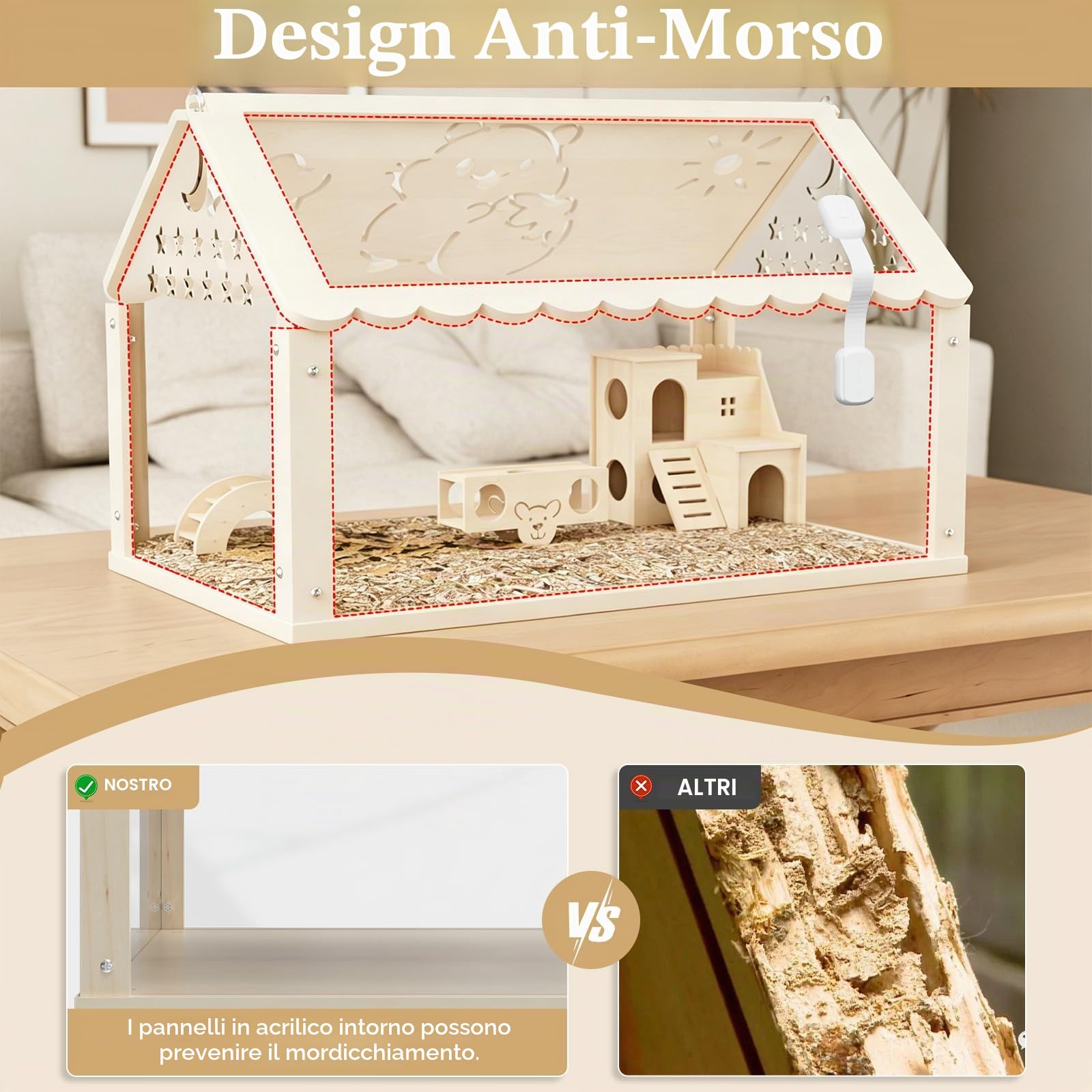Gabbia per criceti in legno, 60 x 30 x 40 cm, con nascondiglio in stile villa, ponte ad arco e passaggio, gabbia trasparente per criceti siriani, criceti nani e porcellini d'India