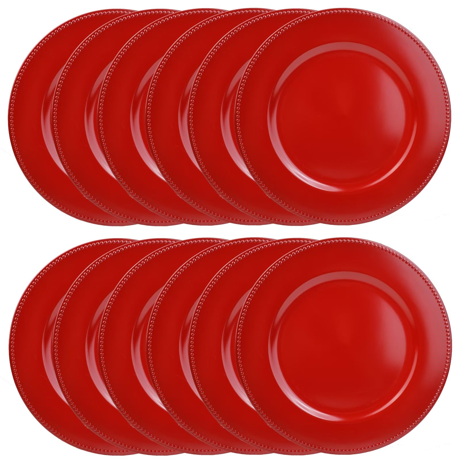 Juego de 12 platos de carga rojos con cuentas. Cargadores de mesa de plástico reutilizables de 13 pulgadas para platos llanos