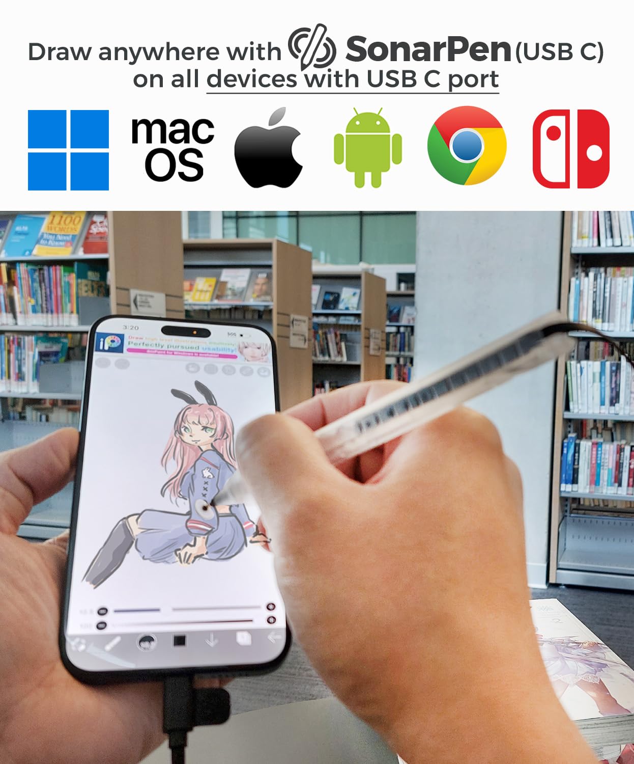 SonarPen (USB C): Batterieloser, druckempfindlicher Eingabestift, kompatibel mit iPad/iPhone/Android/Mac/Windows PC und Switch. Mit Handballenabweisung und Schnelltaste. (Durchsichtig Schwarz)