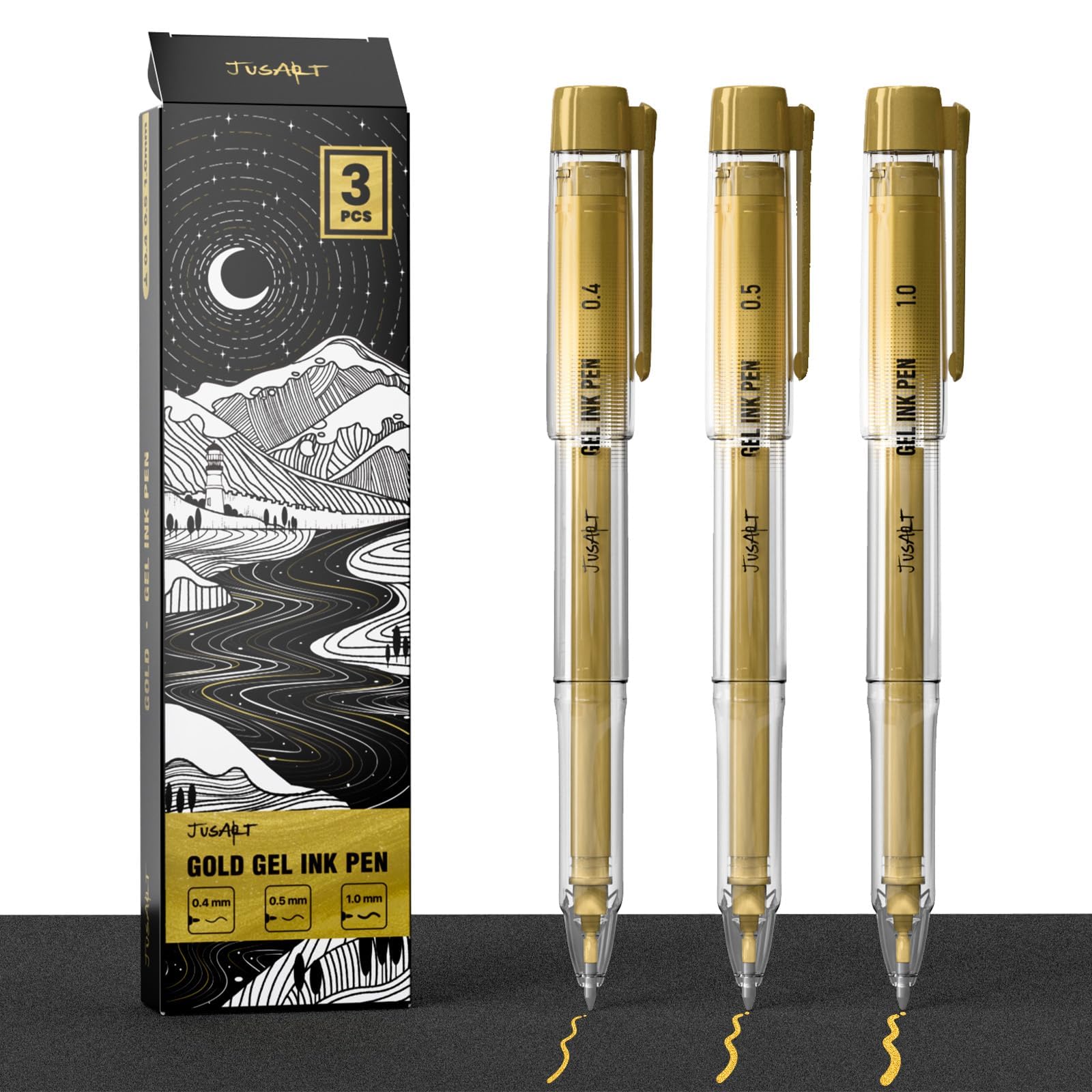 JusArt Bolígrafos dorados 3 piezas con puntas surtidas de 0,4 mm, 0,5 mm y 1,0 mm, bolígrafos de tinta dorada opaca para escribir, hacer diarios en papel negro, dibujar y manualidades